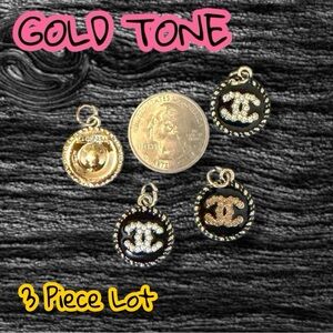 Lot of 3 CC Black Gold Tone Round Zipper Pull Button Pendant Necklace Charms